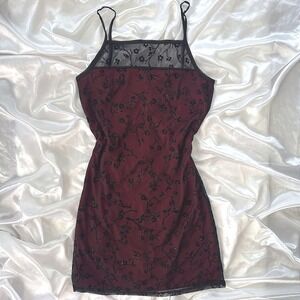 Vintage Miss California Red Black Mesh Floral Glitter Mini Dress Large 90s Goth